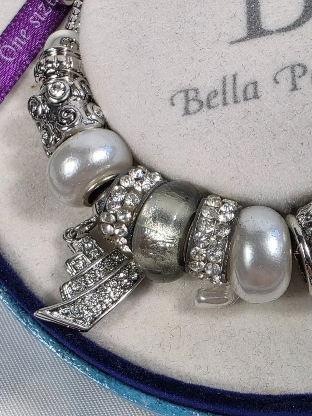 Bella Perlina Silver-Tone Charm Bracelet White Pearl Beads Crystal Accents NEW